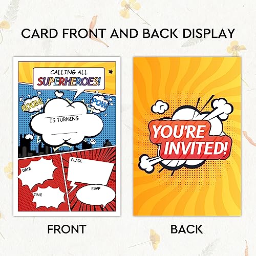Superhero Birthday Party Invitations for Kids - 20 Pack with Envelopes