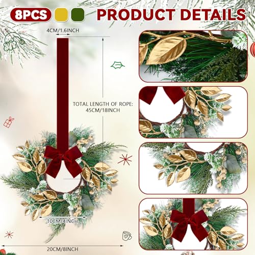 Lyrow Luxurious Style Mini Christmas Cabinet Wreaths - Pack of 8 with Ribbon Bow