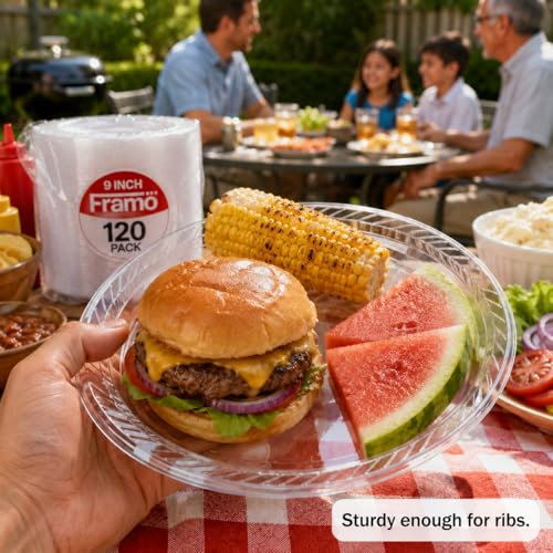 Framo 9 Inch Clear Plastic Dinner Plates 120 Count – Heavy Duty Disposable, 9" Pairing Siblings