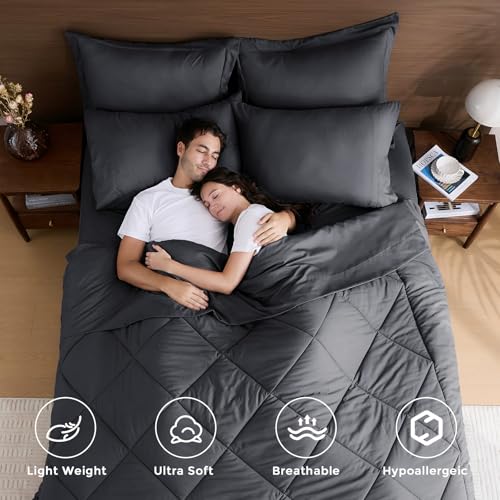 HEVUMYI 7-Piece Queen Comforter Set Dark Gray Reversible Bed in a Bag