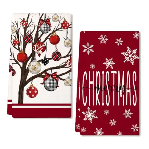 DineDia Dark Red Merry Christmas Kitchen Towels Set of 2 – 18x26, Snowflake Bells