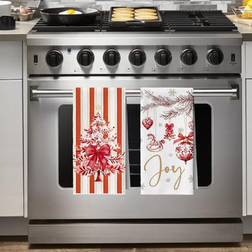 Artoid Mode Red Stripe Xmas Tree Ornament & 12x24 Inch Microfiber Kitchen Towels Set of 4