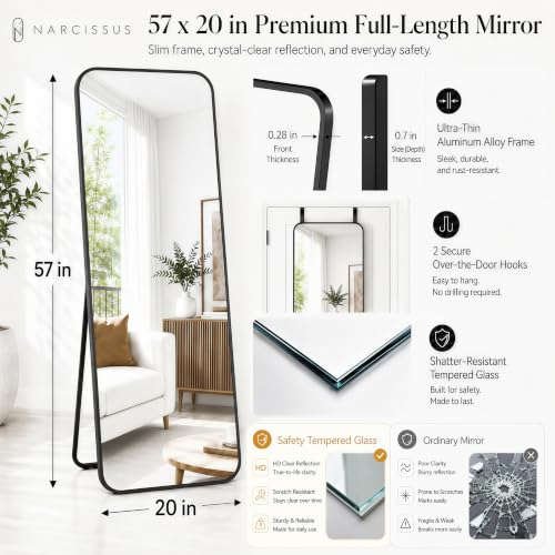 57x20 Inch Full Length Mirror, 3-in-1 Over-the-Door, Wall & Floor Mirror