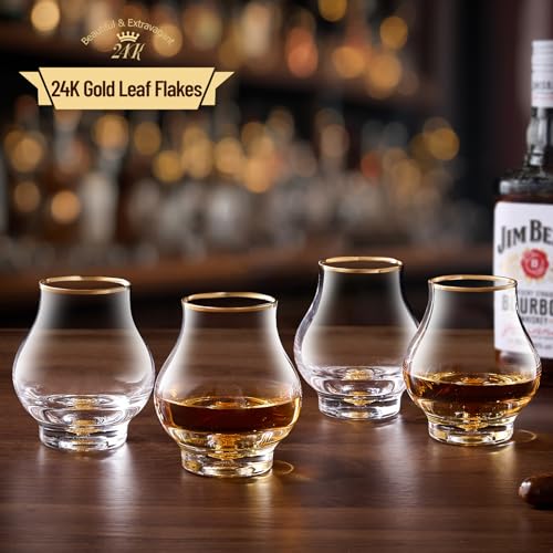 DUJUST 4-Pack Elegant Curvaceous Snifter Glasses Set of 4, 7oz Crystal Whiskey Glass with 24K Gold Flakes, Luxury Brandy & Bourbon Glasses