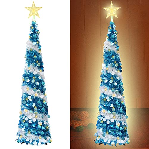 Vinelftage Blue Pop-Up Artificial Christmas Tree 5ft with 100 LED Lights & Star Topper