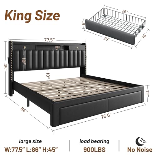 King Size Upholstered Bed Frame with Storage Drawers & Charging Ports