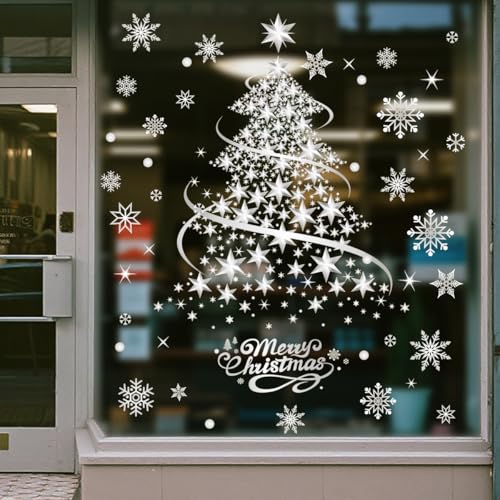 YULOONG Reusable Silver Christmas Window Clings Snowflake Tree Decor Set