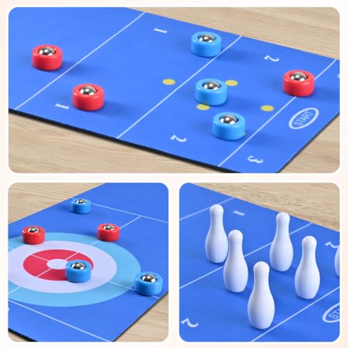 3-in-1 Tabletop Game Set: Curling, Shuffleboard, and Bowling - 21-Inch Mat