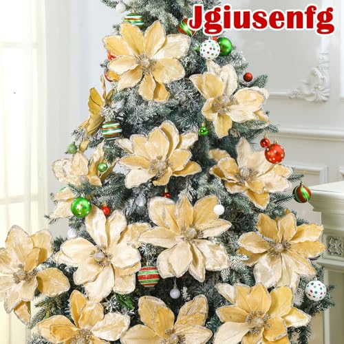 12 Inch Christmas Velvet Magnolia Flowers - Champagne, 8 Pack