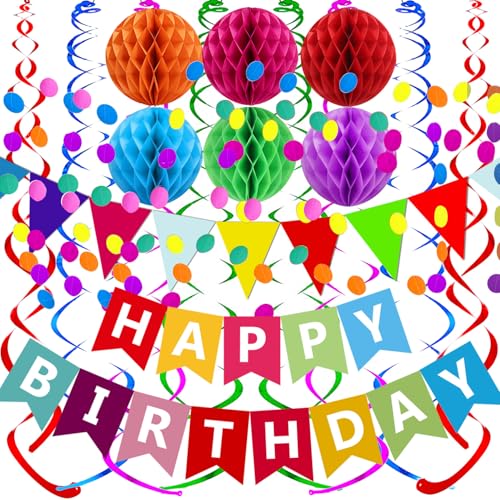 FECEDY Birthday Party Decorations Set with Banner, Honeycomb Balls and Confetti