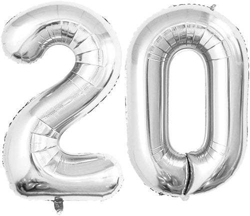GOER 20th Birthday Balloons - 42 Inch Jumbo Silver Foil Helium Decorations for Anniversary Celebrations