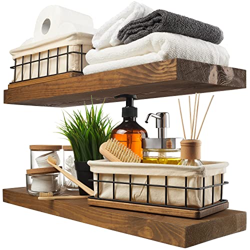 24-Inch Solid Wood Floating Shelves - Set of 2, Rustic Walnut Wall Shelves