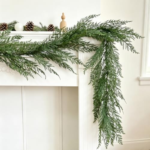 FAJUNZH 6FT Forest Green Cedar Garland with Layered Dimension - Soft Touch Greenery, Wired Branches, Realistic Holiday Decor