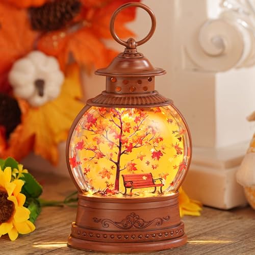 Lighted Autumn Snow Globe Lantern with Timer - Fall Thanksgiving Decor