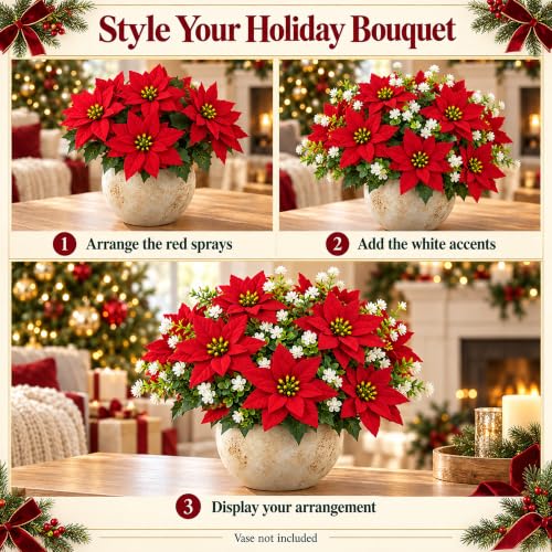 Artificial Poinsettia Flowers Set - 13 Pcs Red & White Camellias for Holiday Decor