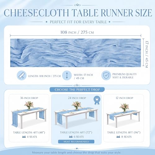 6 Pack Light Blue Cheesecloth Table Runner 17x108 Inch Boho Gauze Decor