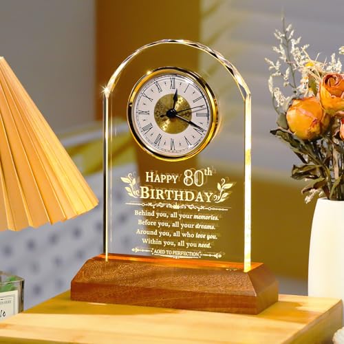 80th Birthday Crystal Quartz Clock Keepsake with Wooden LED Light Base