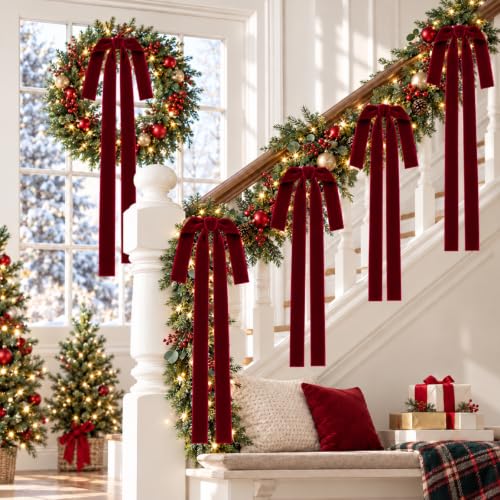 Milimot Burgundy Velvet Christmas Bows 15 x 24 in, 6-Pack (1 in Ribbon) - Pre-Tied