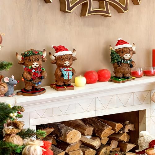 Foilswirl 3-Pcs Christmas Highland Cow Figurines – Highland Cow Desk Decor (Variation: Christmas)