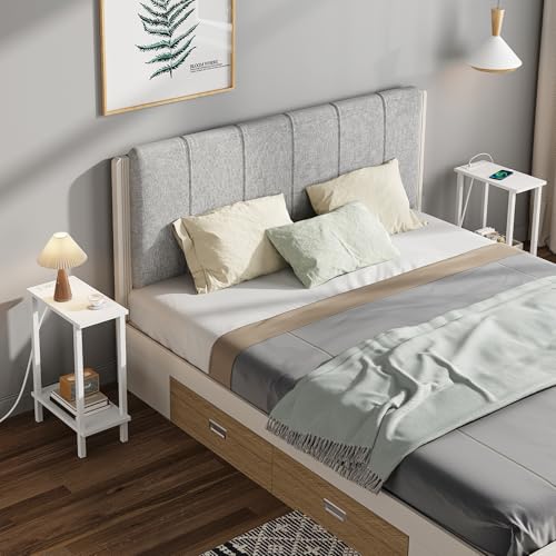 Narrow Side Table with Charging Station, 2-Tier Slim End Table, White