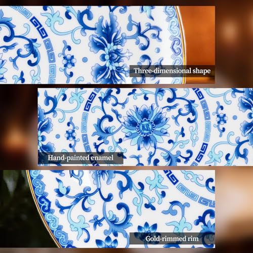 Ceramic Decorative Plate Set with Stand, Blue and White Porcelain, 8in & 10in