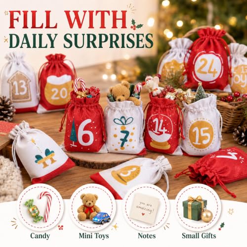 GWHOLE 24-Piece Christmas Advent Calendar Bags with Wooden Clips & Rope