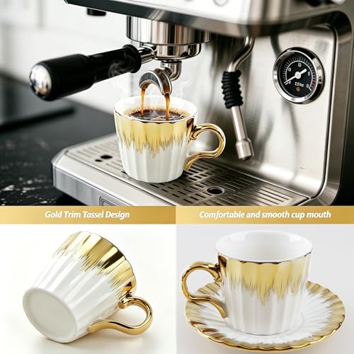 Hebaogugu Gold Trim Espresso Cup Set of 6 3.5 OZ Ceramic Turkish Coffee Cups with Saucers - 01/100ml