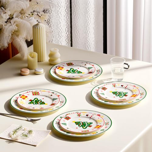 8-inch Fine Bone China Christmas Dessert Plates Set of 4, Red Green Holiday Design in Gift Box