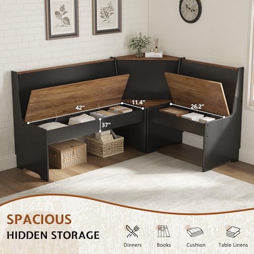 3-Piece Corner Dining Set with Hidden Storage, L-Shaped Breakfast Nook