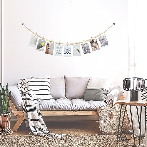 Boho Wood Bead Hanging Photo Display with 9 Clips, 55-inch Wall Decor
