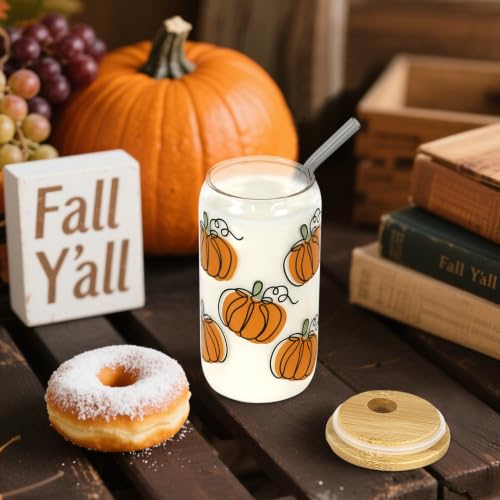 Joyseller 18oz Fall Pumpkin Iced Coffee Glass Cup with Lid & Straw - Orange
