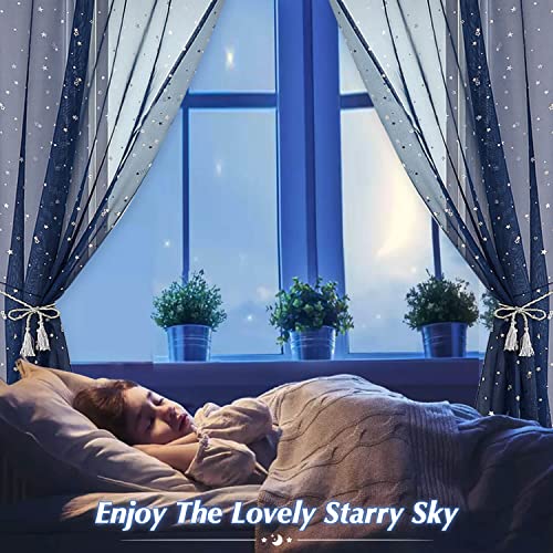 Navy Blue Star Sheer Curtains for Kids Nursery - 106-Inch Long Rod Pocket