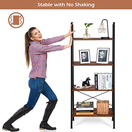 4-Tier Industrial Ladder Shelf - Rustic Brown Wood & Metal Bookshelf