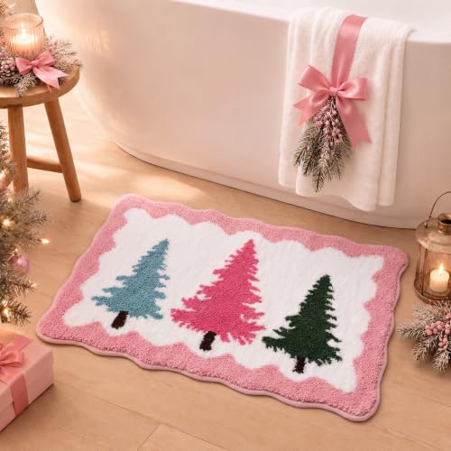 Dunzy Pastel Christmas Tree Bath Rug Non-Slip Microfiber 31.5x19.7in Holiday Decor