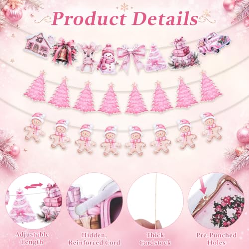 Pink Christmas Banner Set - 16.4 ft Long Gingerbread & Tree Decor