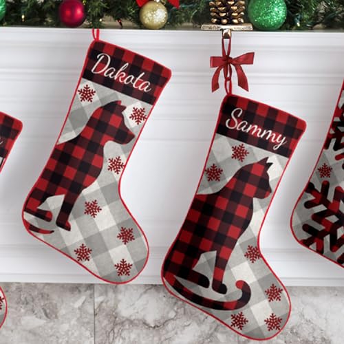 Personalized Cat Christmas Stocking - Rustic Red Plaid Custom Name Decor, 19"