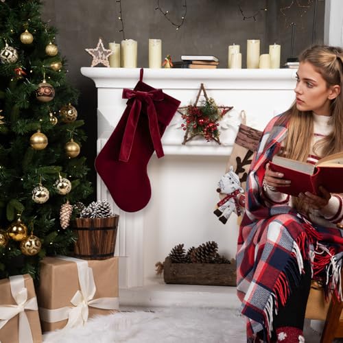 Ftuuo Dark Red Christmas Stockings with Burgundy Faux Fur Cuffs - Solid Red Holiday Decor