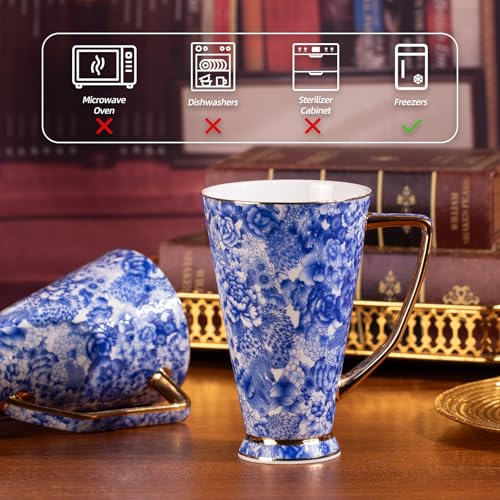 KAMMAK 18.6oz Ceramic Coffee Mugs Set of 2 with Elegant Blue-White Rim