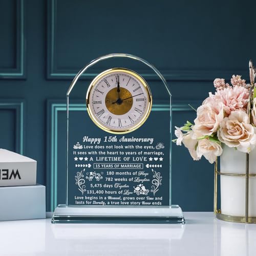 15th Wedding Anniversary Glass Clock Gift for Couples