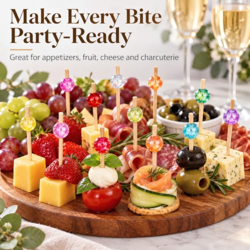 Multicolor Crackle Bead Cocktail Picks - 100 Pack Long Bamboo Appetizer & Garnish Skewers
