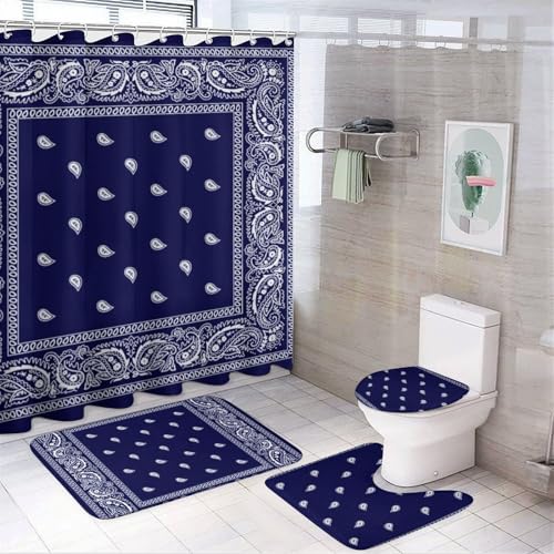 True Blue Bandana 4-Piece Bathroom Decor Set with Shower Curtain & Mats