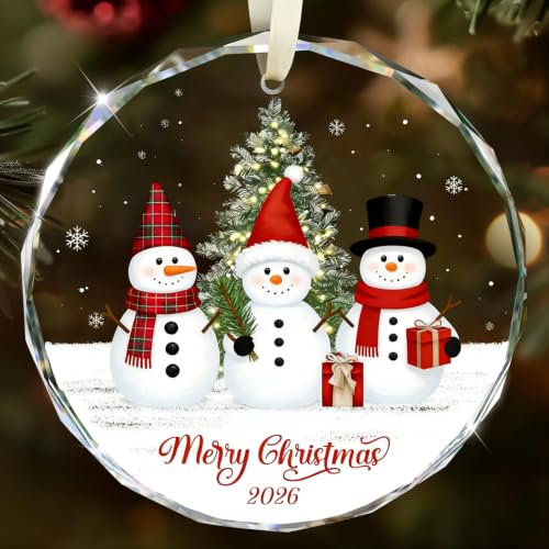Merry Christmas Snowman Ornament 2026 - Clear Crystal Holiday Tree Decor, Set of 3