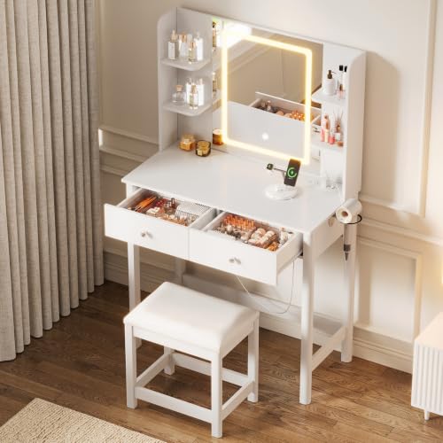 Small Vanity Desk with LED Mirror, 3-Color Lighting, Power Outlet & Stool