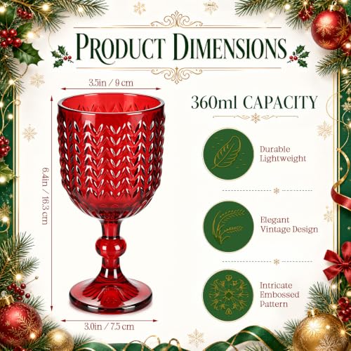 Ferrochef Christmas Red Wine Glasses, Set of 6 - 12 oz Embossed Goblets, Red Variation 6