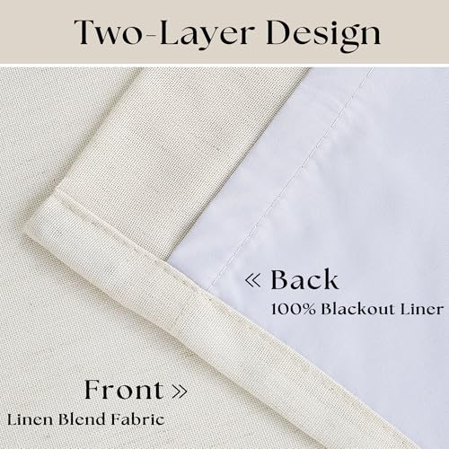 100% Blackout Pinch Pleat Linen Curtains, 2 Panels (90 Inch, Cream)