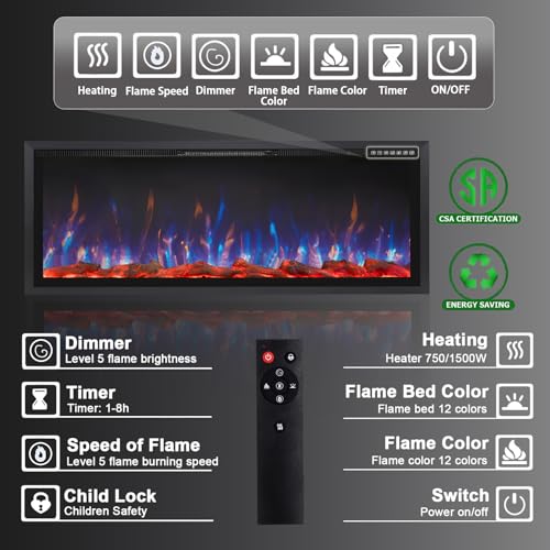 60-Inch Electric Fireplace Wall Mounted & Recessed with Heater and Remote