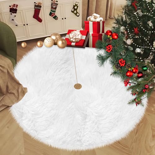 48-Inch White Faux Fur Christmas Tree Skirt - Plush Nordic Snow White