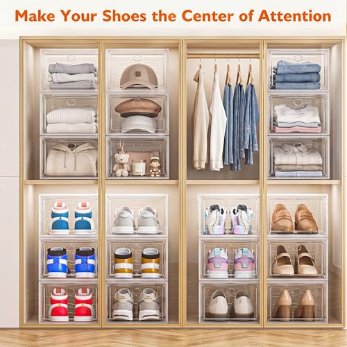 Clear Stackable Shoe Storage Boxes with Magnetic Doors - 6 Pack