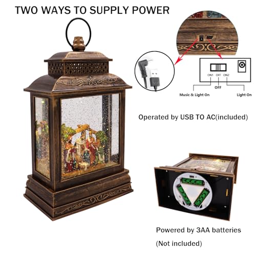 EYZH Christmas Nativity Snow Globe Lantern with 6-Hour Timer, Musical Lighted Nativity Scene, 11.75 Inch USB Decor