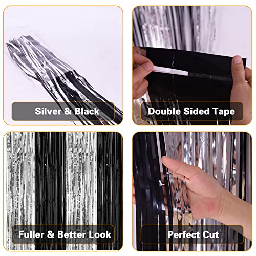 Black and Silver Foil Fringe Curtains (2 Pack, 3.2 x 8.2 ft) Photo Backdrop